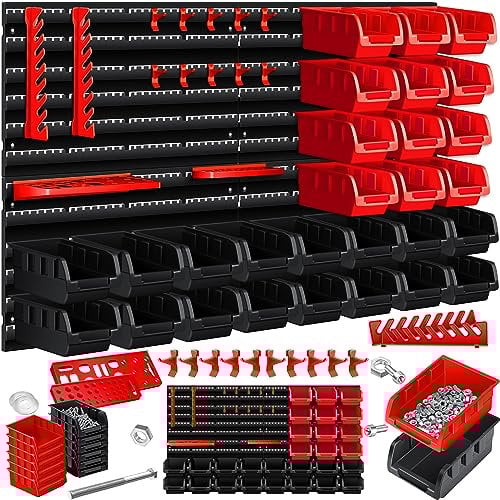MASKO® Stapelboxen + Wandregal + Werkzeughalter 45-teiliges Set Box erweiterbar Sichtlagerkästen Schüttenregal Steckregal, Hängeregal Sortimentskasten Kleinteilemagazin Werkstatt-Regal Schwarz/Rot