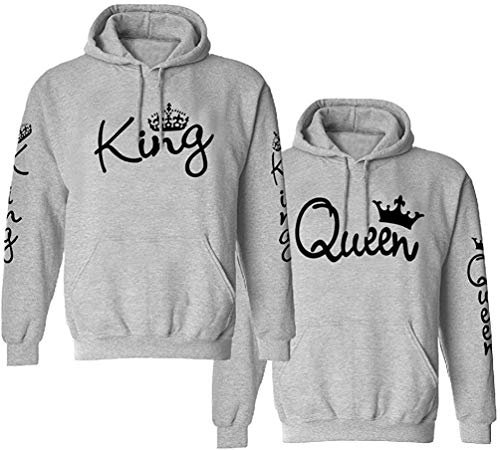 Couple Camp King Queen Pullover Partner Hoodie für Paare mit Fun Spruch - 1 Stück Damen Pulli Queen Grau S