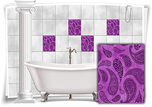 Medianlux Fliesen-Aufkleber Fliesen-Bilder Paisley Barock Nostalgie Retro Floral Lila Bad WC Deko Folie Badezimmer Dekoration, 4 Stück, 20x25cm m22h-lila-115311