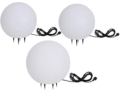Trango 3er Set 44500WB IP65 Gartenkugel in Weiß matt mit 40/40/50cm Durchmesser *SNOW* Kugelleuchte inkl. je 1x 4-5 Watt E27 LED Leuchtmittel & je ca. 5 Meter IP44 Kabel Gartenleuchte, Leuchtkugel