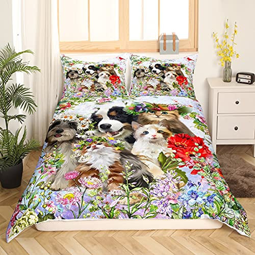 Loussiesd Botanischer Bettbezug Hunde- und Katzenbettwäsche Set 135x200cm Blumendruckmuster Bettwäsche Bunte Blumen Bauernhaus Bettbezug mit 1 Kissenbezug 80x80cm