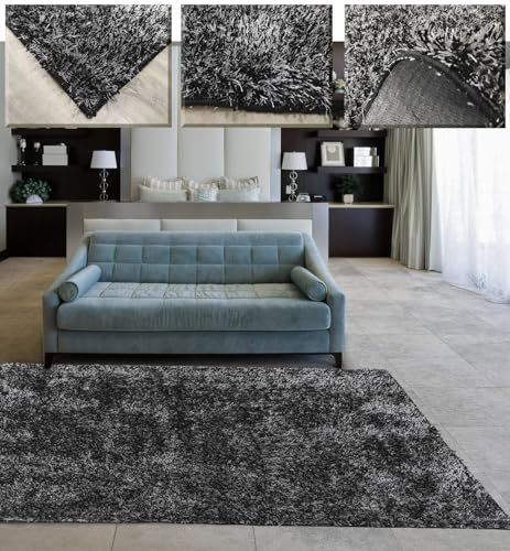 Tadi & Imperio1979 Langflor-Teppich, glatt, für Wohnzimmer, Wohnzimmer, Esszimmer, Schwarz und Grau, komfortabel