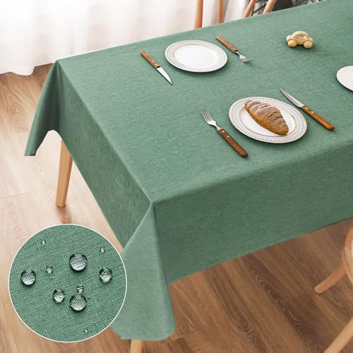 AooHome Tischdecke Abwaschbar Grün, 100x140cm Tischdecken Leinen-Optik Tischtuch aus Polyester Wasserabweisend mit Lotuseffekt, Dauerhaft Kratzfest für Wohnzimmer, Esszimmer, Balkon, Garten