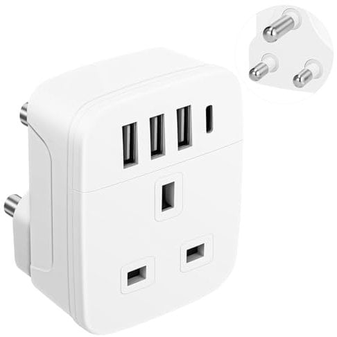 UK to South Africa Plug Adapter,Ground UK to South African Travel Adaptor with 4 USB(1 USB C 17W Charger),Power Adapter for SA,Namibia,Swaziland,Lesotho,Bhutan,Botswana(Type M)
