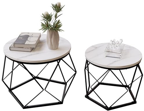Vida Designs Brooklyn Round Coffee Tables, Set of 2 Side Tables, Modern Steel Frame Nesting Living Room Furniture (Marble)