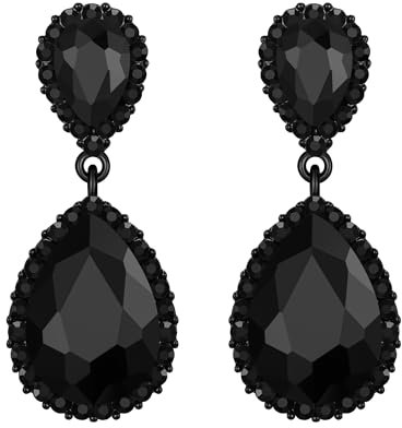 EVER FAITH Damen österreichischen Kristall Hochzeit elegante 2 Teardrop Halo baumeln Ohrringe Schwarz Schwarz-Ton