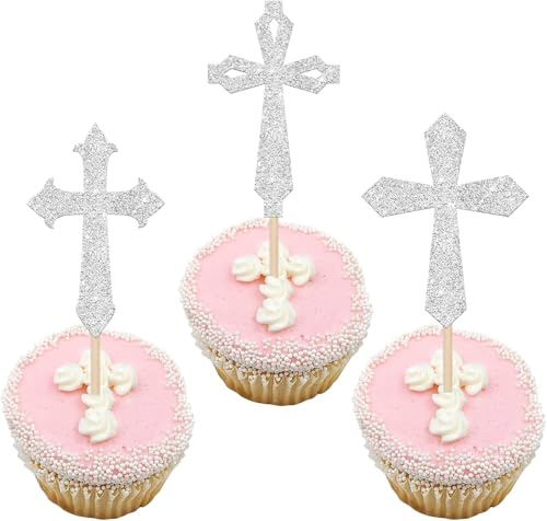 24 Stück Kreuz Cupcake Toppers Glitzer Taufe God Bless Christentum Tortendeko Gott Segne Kuchen Deko für Religiöses Thema erste heilige Kommunion Geburtstags Kuchen Dekorationen Silber