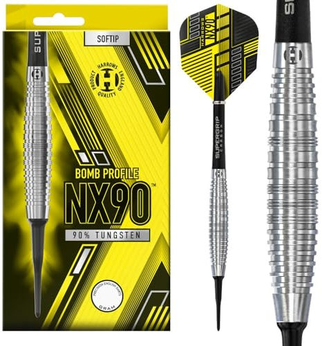 Harrows NX90 Darts-Set I Profi-Dartpfeile, 90% Wolfram, weiche Spitze, 18 g und 20 g, Pro-Darts I 10-teiliges Set mit schwarzen Supergrip-Midi-Schäften und NX90-Flights (20 Grams) (Bomb 18g)