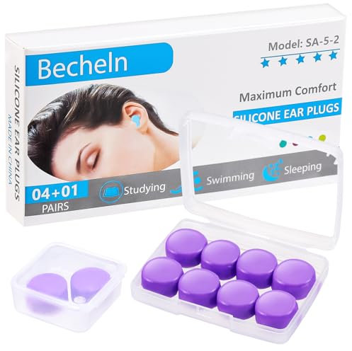 Becheln Reusable Silicone Ear Plugs, Waterproof Noise Cancelling EarPlugs for Sleeping, Mowing, Swimming, Airplanes, Concerts