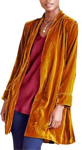 Women's Shawl Collar Velvet Duster Jacket Suit Open Front Relaxed Fit Velour Cardigan Coat Outerwear