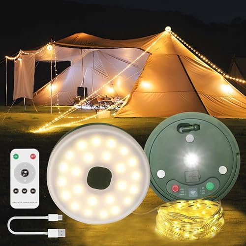10M Camping Lichterkette Aufrollbar, Vielseitige Tragbare USB Aufladung LED Lichterkette mit 9 Beleuchtungsmodi und Wasserdicht, Outdoor Lichterketten Taschenlampe für Camping, Zelt, Wandern
