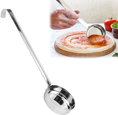 QERUTK Ladle, Sauce Spoon, Pizza Sauce Spoon, Pizza Sauce Measuring Spoon, Tomato Sauce Spoon, Soup Ladle - Stainless Steel with Long Handle, Flat Bottom Spoon with Hook