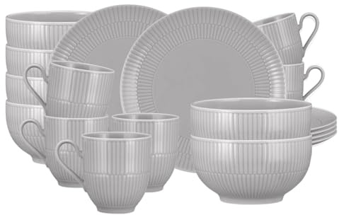 Seltmann Weiden Amina Silbergrau Frühstücks-Set 18-teilig, Henkelbecher Müslischalen und Frühstücksteller für 6 Personen, Geschirr-Set mit dezentem Relief-Muster, Porzellan, Grau