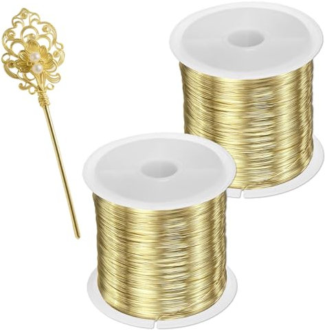 Alambre para bisutería de cobre dorado - 2 bobinas de alambre de joyería de 100m cada una, 0.3mm, para crear joyas, flexible y resistente, hacer coronas, joyería, abalorios, floral