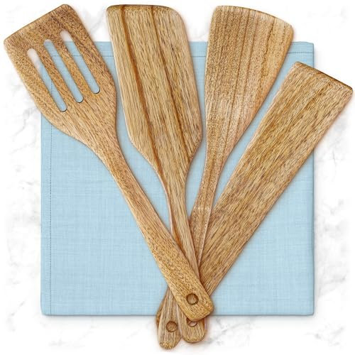 Wood Spatulas - 4 Piece - Wooden Cooking Spatula Set - Acacia Wood Utensils for Kitchen Use - Safe for Nonstick Cookware & Cast Iron - Stir Fry Utensil, Pancake Flipper, Flat Scraper, Slotted Turner