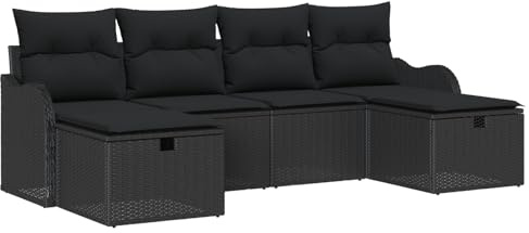 vidaXL Garten-Sofa-Set mit Kissen 6 pcs Schwarz Poly Rattan, Modulares Garten-Lounge-Set, moderner Rattansofa, rechteckige Terrassenmöbel, wetterfest und robust