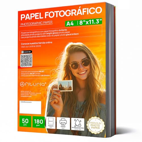 OFITURIA Fotopapier A4 Glänzend – Hohe Auflösung, Soforttrocknend, 180 g/m², Kompatibel mit Tintenstrahldruckern – 50 Blatt