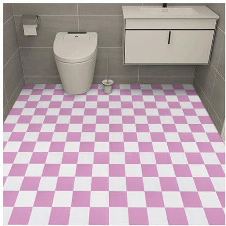 White Pink Plaid PVC Tile Effect Peel and Stick Vinyl Flooring Roll 5 Meters x 60cm Non Slip Floor Covering Stickers for Bathroom Kitchen Living Room