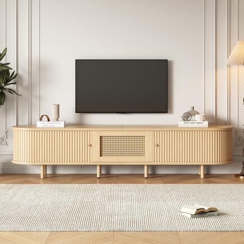 Merax Rattan TV Stand for 70 Inch TV, 180cm Oval TV Unit, TV Cabinet Storage Sideboard, Light Wood TV Console with Rounded Corners for Living Room