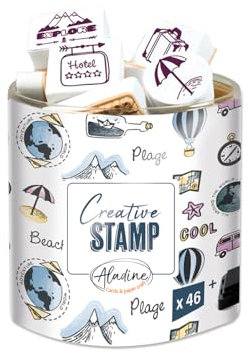 Aladine – Stampo Scrapbooking-Set mit Reisemotiv – Stempelset für kreative Postkarten – DIY Basteln – Stempelset zum überall Mitnehmen + Stempelkissen schwarz inklusive