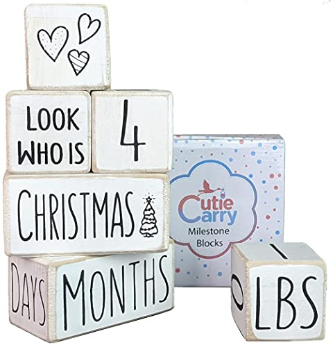 Baby Monthly Milestone Blocks by Cutie Carry 6 Wood Block Set Photography Props for Social Media, Rustic Baby Nursery Decor (White)