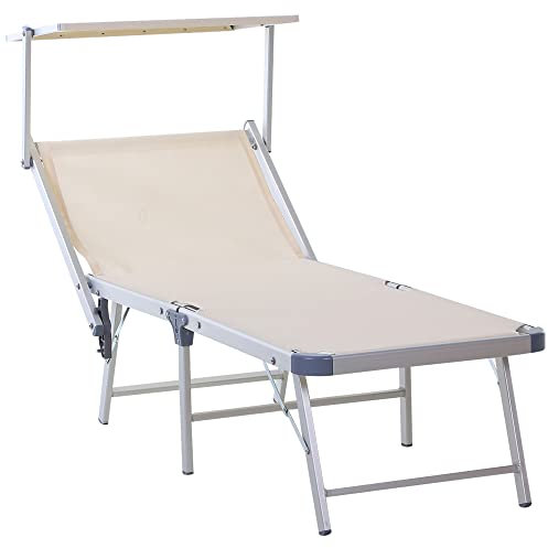Outsunny Tumbona Plegable y Reclinable de Aluminio con Toldo Incorporado para Piscina Jardín Terraza Exterior Carga 120 kg 169x72x50/70 cm Beige