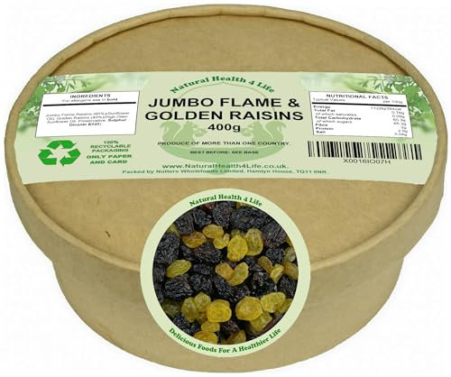 Natural Health 4 Life Jumbo Flame and Golden Raisins Mix 400g – Seedless, Naturally Sweet, Vegan & Gluten-Free, Low Fat – Great for Snacking, Baking & Fruit Mixes, Eco-Friendly Kraft Tub