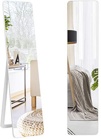 COSTWAY Miroir sur Pied Rectangulaire, Miroir Mural en Style Contemporain, Bord Rond, pour Chambre, Salon, Salle de Bain, 160 x 37cm, Blanc