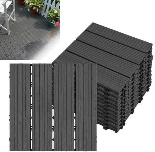 Froadp WPC Fliesen Set, 30x30 cm WPC Terrassenfliesen Klickfliesen, Holz Kunststoff Bodenbelag mit Drainage, Wasserdicht & Rutschfest, Korrosionsbeständig für Balkon & Terrasse, 1m², Anthrazit