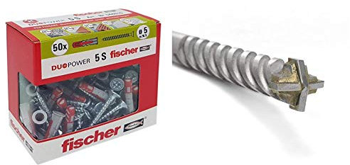 Fischer 50 Tasselli Duopower con Vite, 5 x 25 mm, per Muro pieno, Mattone Forato & D-SDX Punta trapano 6mm Cilindrica a Quattro Taglienti, per Muro Calcestruzzo e Pietra, Placca al carburo