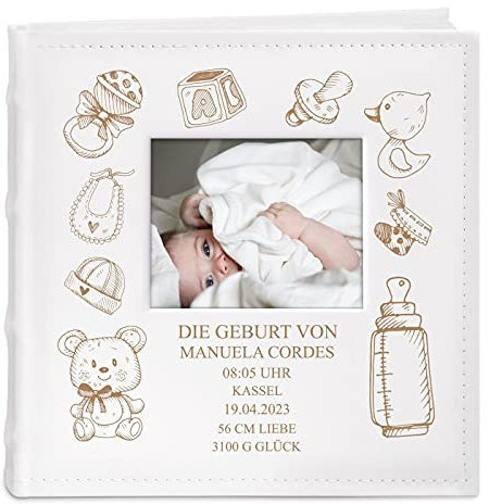 Maverton Einsteckalbum + mit Gravur - 21x22cm - Fotoalbum für 200 Fotos 10x15cm - 100 Seiten - Weiß - Geschenk für Kind zur Geburt Taufe Kommunion, Geburtstagsgeschenk - Glück