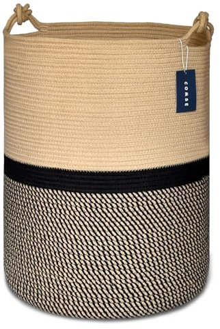 COMSE Extra Large Blanket Basket, Tall Woven Storage Basket, Nursery Hamper, 40 x 55 CM, Cotton Rope Laundry Hamper for Toys Clothes Towels, Blend Brown/Black
