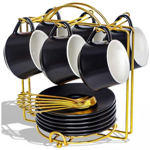 Lareina Espresso Cups with Saucers, Spoons and Metal Stand, Small 3 oz Coffee Cups Set of 6, Cute Demitasse Mugs with Handle, Black