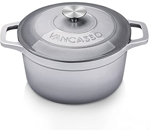 vancasso Gusseisen Bräter, Gusseisen Topf Brot Backen 4L Ø 24cm Emaillierte Schmortopf Induktion, Kasserolle mit Deckel, Gussbräter für Gasherd/Cerankochfeld/Induktionsherd/Ofen, Rund, Grau, Cocotte