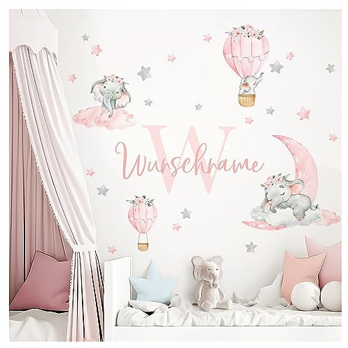 Little Deco Wandtattoo Elefanten & Wunschname I Wandbild 58 x 35 cm (BxH) I Kinderzimmer Babyzimmer Wandaufkleber Mädchenzimmer Ballon Wandsticker Aufkleber DL753