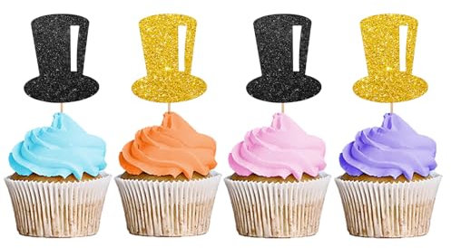 Tophat-Cupcake-Topper, Hut-Cupcake-Topper für Jungen, kleine Jungen, magische Themen-Geburtstagsparty-Dekoration – Schwarz & Gold Glitzer