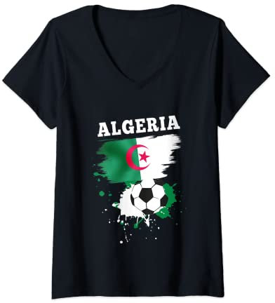 Femme Supporter Football Fans Algériens Maillot Drapeau d'Algérie T-Shirt avec Col en V