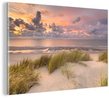 MuchoWow Glasbild Glasfoto Wandbild Bilder Deko 150x100 cm Feuriger Sonnenuntergang über dem Strand von Nes auf Ameland