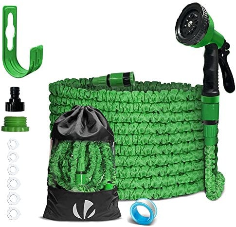 VOUNOT® Flexibler Gartenschlauch 15 m, Flexibel Wasserschlauch Dehnbarer mit 10 Sprühfunktionen, Schnelladaptern und Wandhalterung, Grün