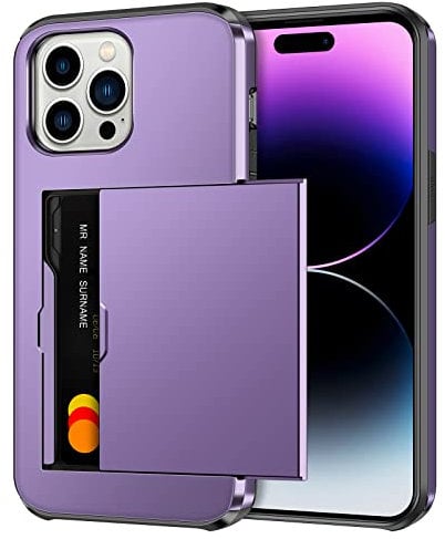Coolden for iPhone 14 Pro Case Wallet Case Armor Shockproof Case Heavy Duty Protective Case Hard PC Back Soft TPU Bumper Card Holder Slot Wallet Case Cover for iPhone 14 Pro Phone Case (Grey Purple)