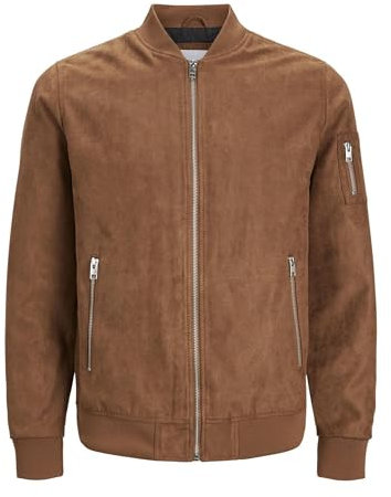 JACK & JONES Bomber scamosciato con elastico ai polsini e all'orlo, chiusura a zip frontale e alle tasche laterali. Marrone Cognac scamosciato