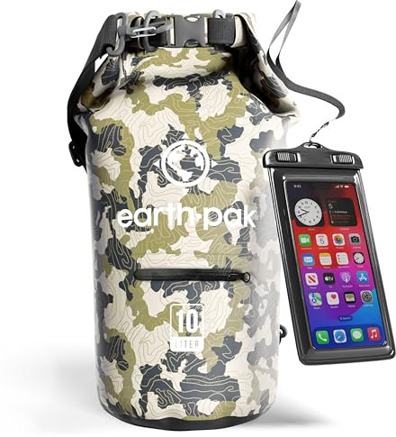 Earth Pak Dry Bag – Wasserdichter Packsack mit Reißverschluss Tasche, Schultergurt und wasserfester Handyhülle – Ideal beim Kajak Fahren, Camping, Angeln, Bootfahren und Rafting (Tarnung, 10L)
