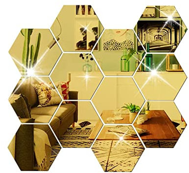 12 Pièces Stickers muraux Miroir Miroirs Hexagonal Muraux Autocollant Miroir Stickers Décoratif Miroirs de Décoration Murale Bricolage pour Canapé TV Fond Décoration Chambre Salon(Or)