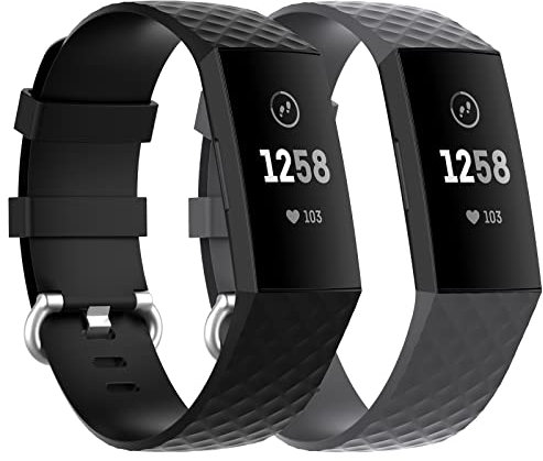 Ainiv 2 Pezzi Cinturino in Silicone Regolabile per Fitbit Charge 3/4, Resistente al Sudore, Nero+Grigio
