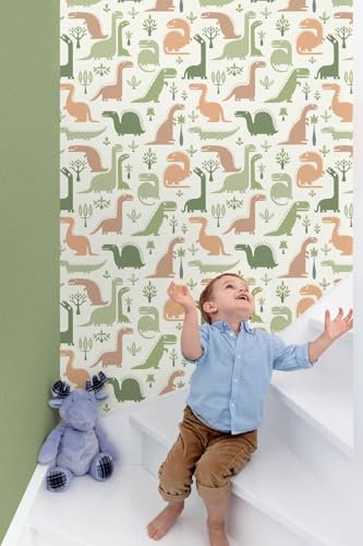 Vliestapete Dinosaurier Bäume Kinderzimmer Weiß Grün Braun LL-10-12-8