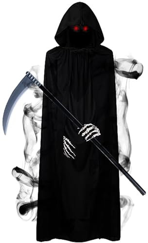 Fancy Daily Disfraz de Halloween de la Parca para adultos, capa negra con capucha y guadaña, guantes de calavera para hombre, traje de parca para Halloween y cosplay