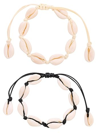 Liitata Lot de 2 bracelets de cheville en coquillage - Bracelet de cheville naturel - Coquillage cauri - Style bohème - Réglable - Pour l'été - Hawaï - Bijoux de plage pour femmes et filles - Blanc et