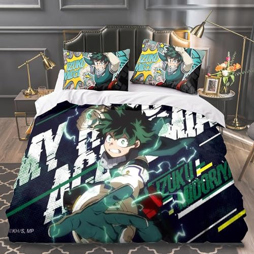 3-teiliges Bettwäsche-Set MHA Bettbezug Midoriya Izuku/Dabi Bettbezug Anime Digitaldruck, weicher Bettdeckenbezug mit 2 x Kissenbezügen, Heimdekoration für Erwachsene und Kinder (Einzelbett)