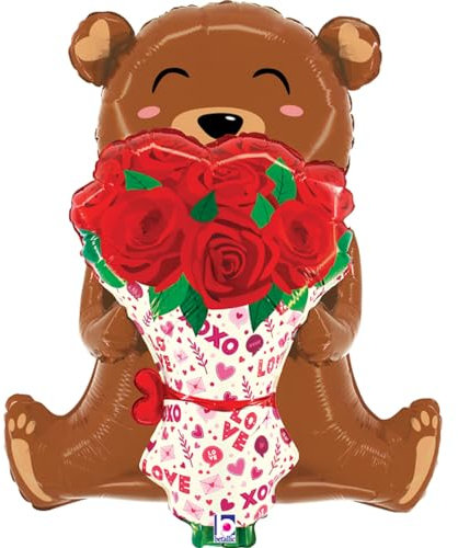 Grabo palloncino orsetto con rose made in italy. Palloncino per San Valentino 3D con rose rosse, in foil con cannuccia per gonfiarlo. palloncini colorati 54x64x38cm