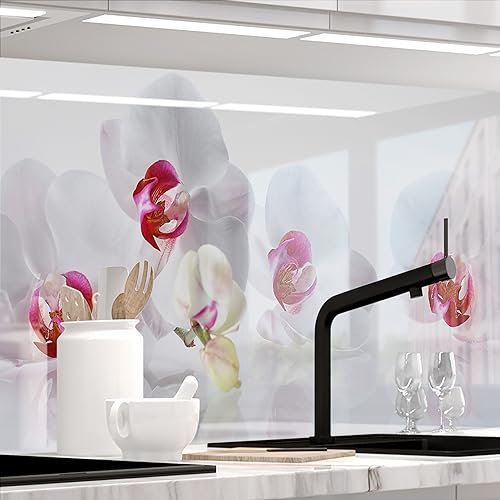 StickerProfis Küchenrückwand selbstklebend Glasoptik ausgeführt - ORCHIDEEN Ensemble - 1.8mm, Versteift, jeder Untergrund, Hart PET Material, Premium 60 x 400cm